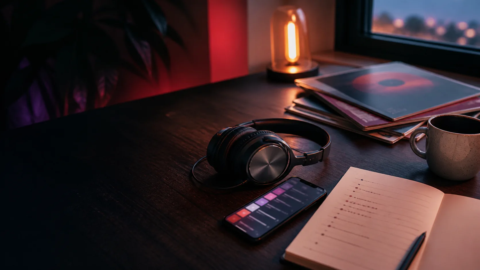 Headphones, playlist notes and vinyl on a listening desk for evaluating a curated music playlist