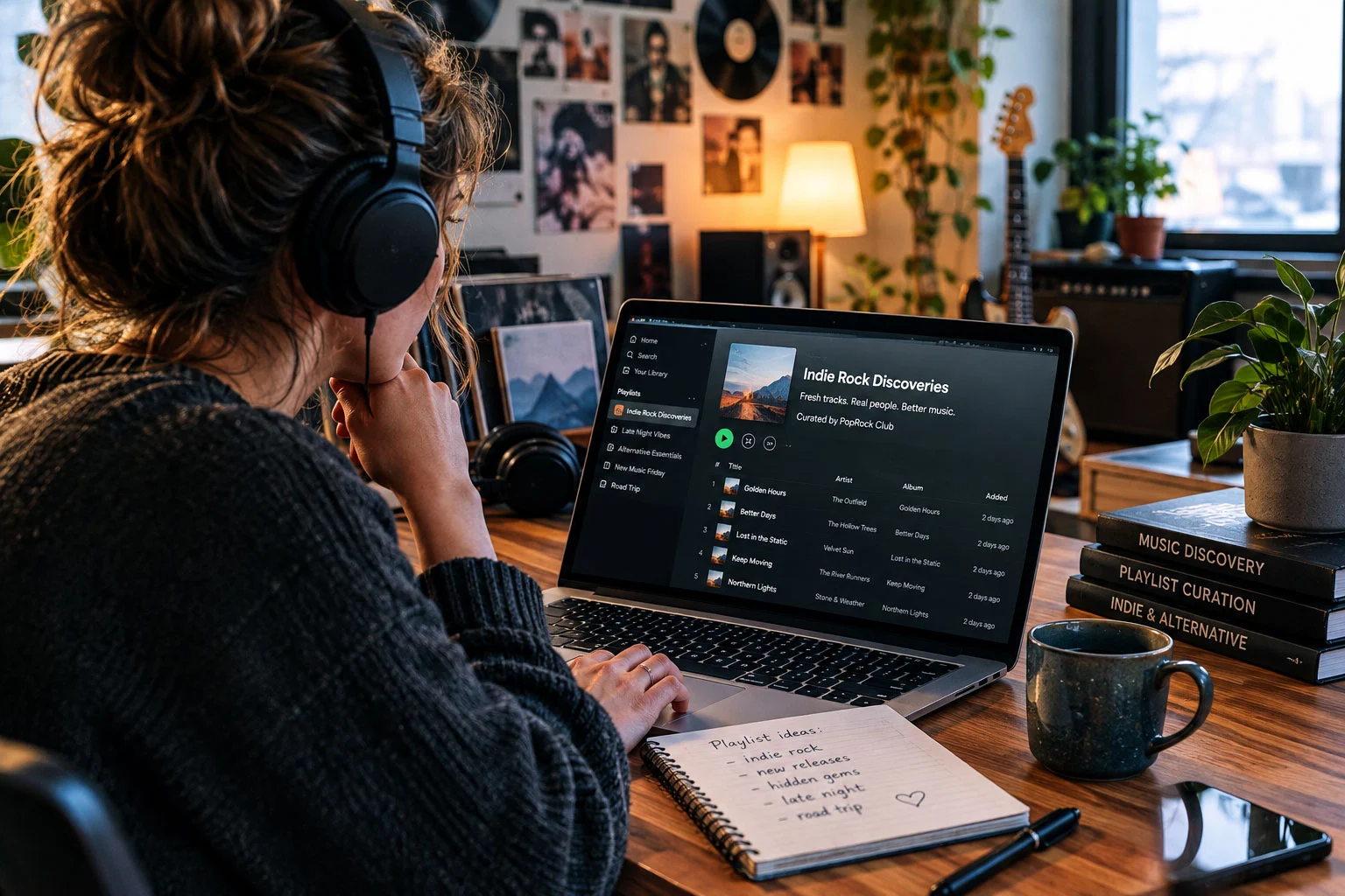 Independent playlist curator listening to music and organizing a playlist
